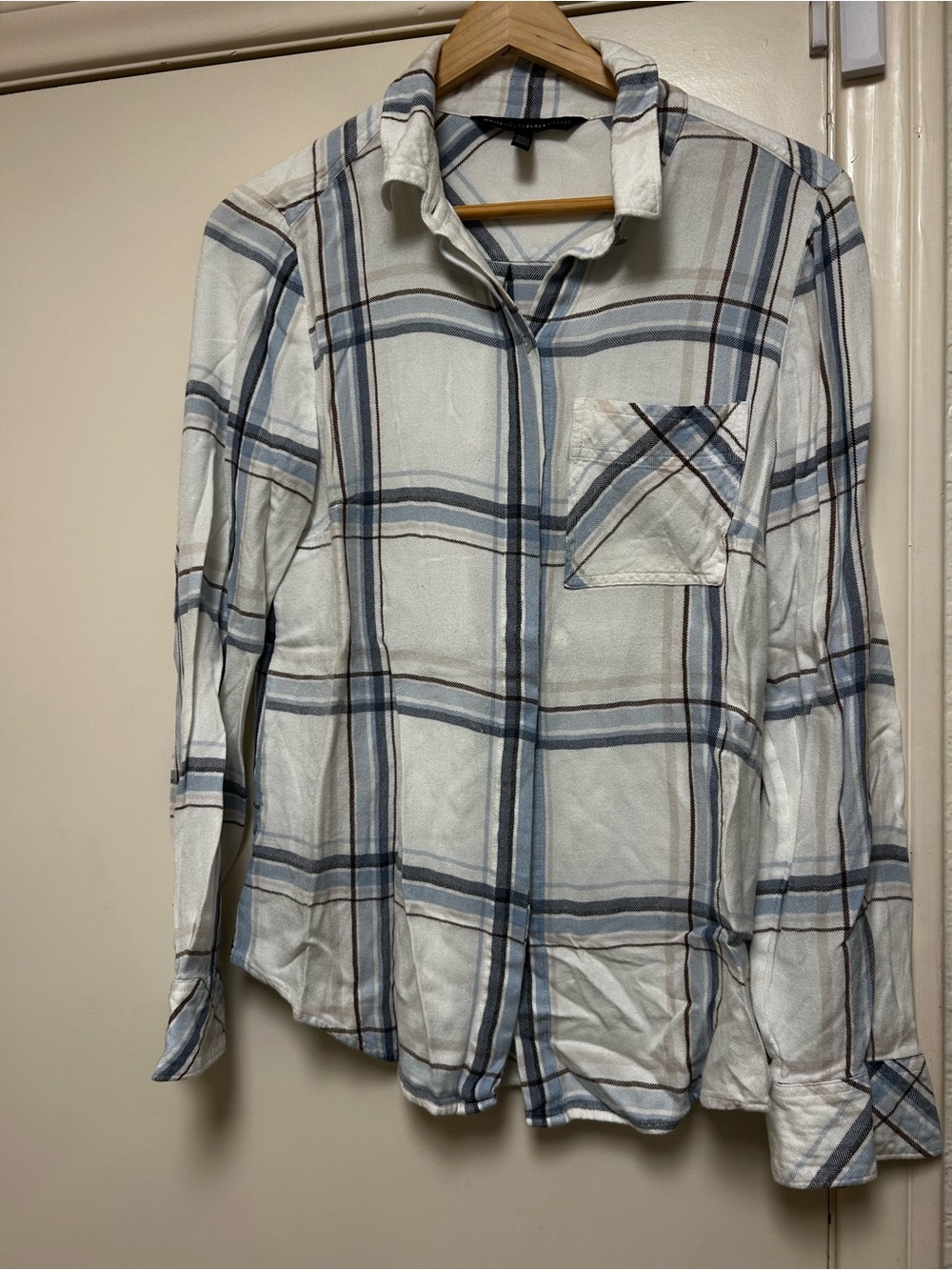 White House Black Market White Plaid Button-Up Shirt with Blue and Tan Stripes